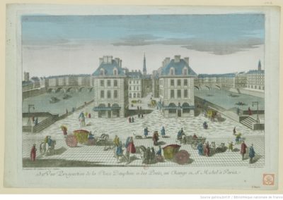 132e Vue perspective de la place Dauphine et des ponts, au Change et St. Michel à Paris - [estampe] @Gallica