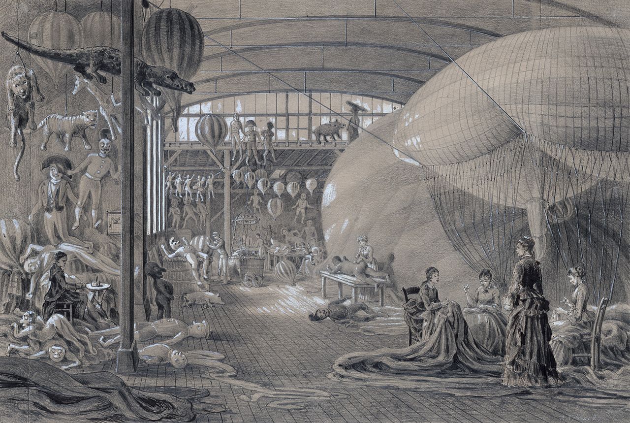 Atelier de M. Lachambre, fabricant de ballons de baudruche, aérostats, etc. 24 passage des Favorites, Paris, Vaugirard. Août 1883. Dessin d'Albert Tissandier. wikimedia Commons