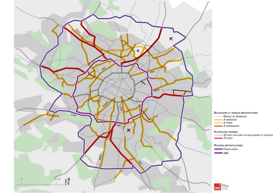 A l'horizon 2030, toutes les voies à l'intérieur de Paris pourraient être transfromées en un réseau de boulevards et avenues reconnectés à la ville © Paul Lecroart IAU ïdF 2012
