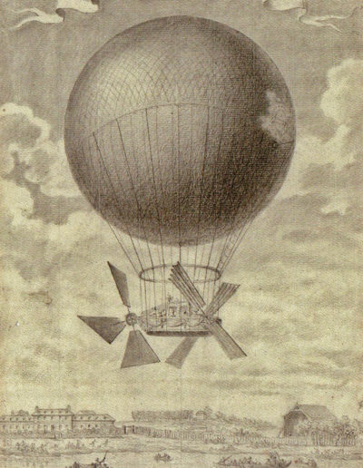 Le ballon avec hélices construit par l'usine chimique de Léonard Alban et Vallet de Javel, août 1785. Dessin de Louis Chays ©SHA15