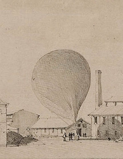 Préparatifs pour un vol en ballon pendant le siège de 1870, au départ de l'usine à gaz de Vaugirard