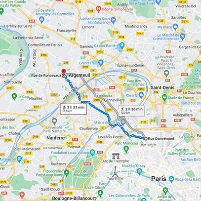 Trajet reliant la rue Damrémont, Paris 18e, à la rue de Roncevaux, Argenteuil - capture Google Maps