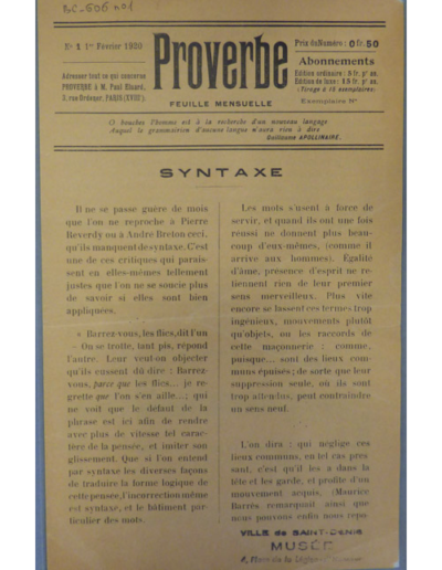 Fac-similé du 1er numéro la revue Proverbe, page 1, éditée en 1920 par Paul Eluard et Jean Paulhan @Musée d’art et d’histoire Paul Eluard