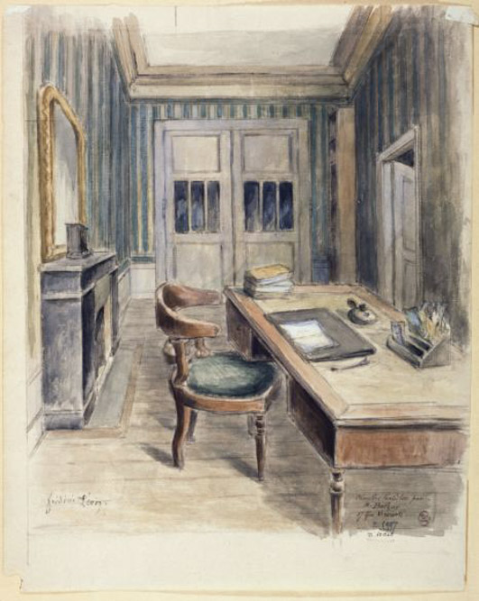 Chambre de la maison habitée par Honoré de Balzac, 17 rue Visconti. Dessin de Frédéric Léon @Musée Carnavalet